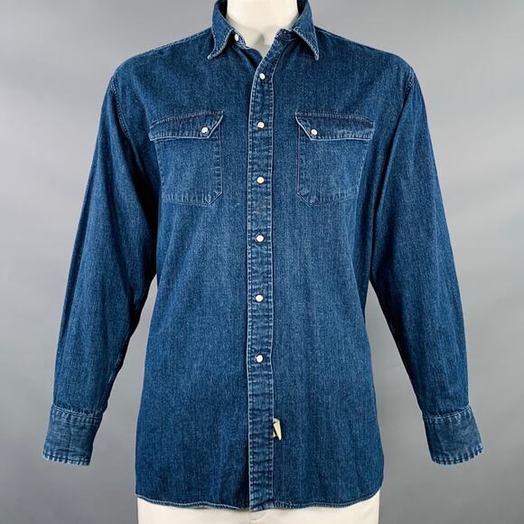 L Indigo Wash Selvedge Cotton Snaps Two Pockets Western Long Sleeve Shirt - Picture 1 of 8